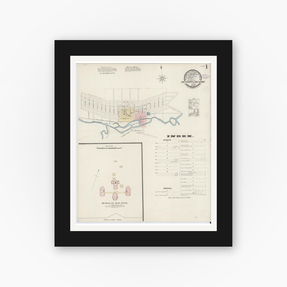 Old map wall art mockup — black gallery frame with white mat — Sanborn Fire Insurance Map from Smethport, McKean County, Pennsylvania (1887) - Complete Map Set