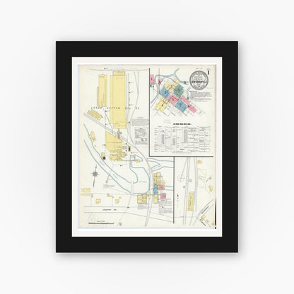 Old map wall art mockup — black gallery frame with white mat — Sanborn Fire Insurance Map from New Braunfels, Comal County, Texas (1912), Sheet #0001