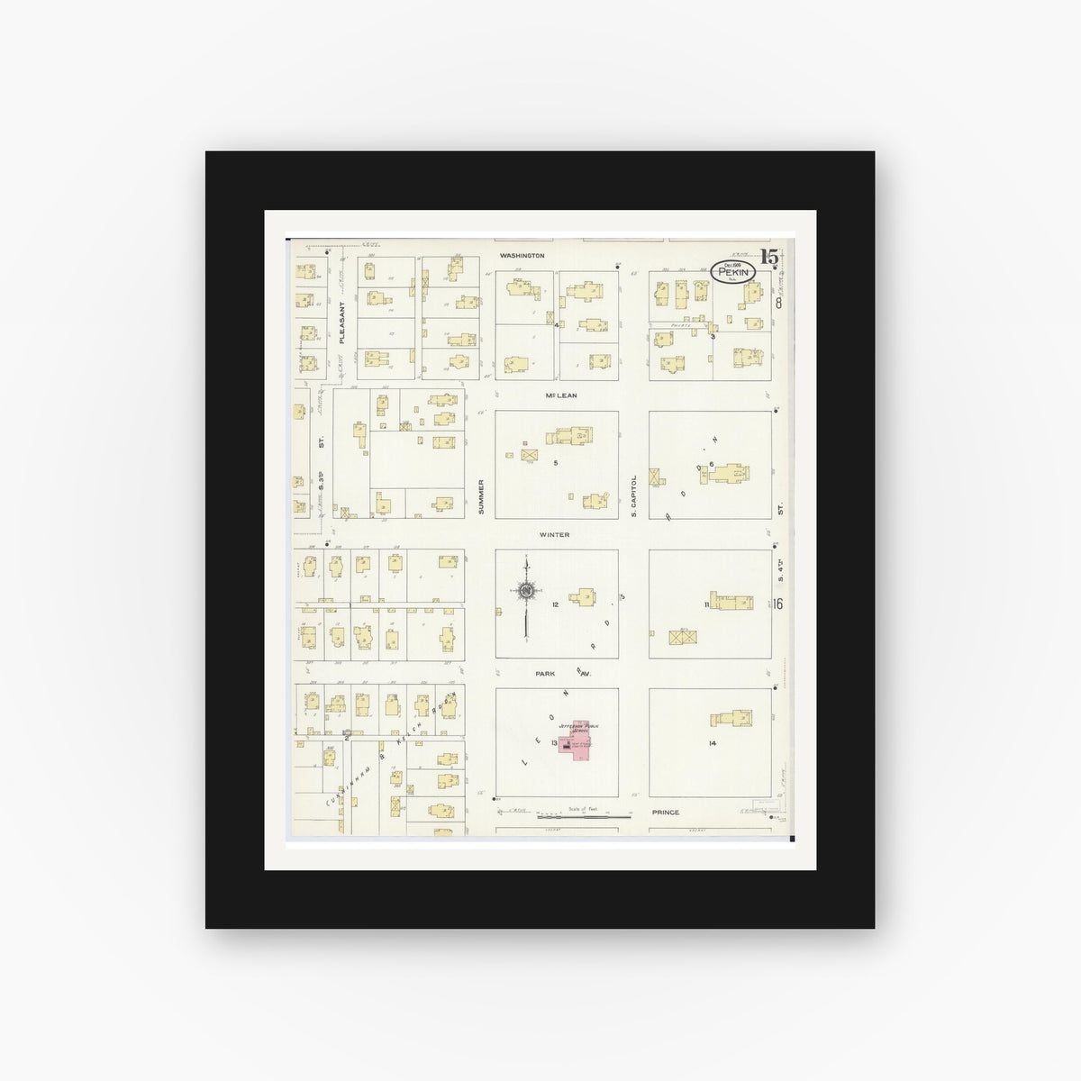 Old map wall art mockup — black gallery frame with white mat — Sanborn Fire Insurance Map from Pekin, Tazewell County, Illinois (1909), Sheet #0015