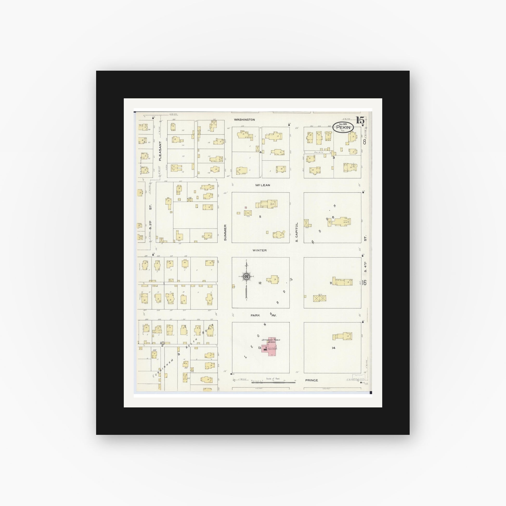 Old map wall art mockup — black gallery frame with white mat — Sanborn Fire Insurance Map from Pekin, Tazewell County, Illinois (1909), Sheet #0015