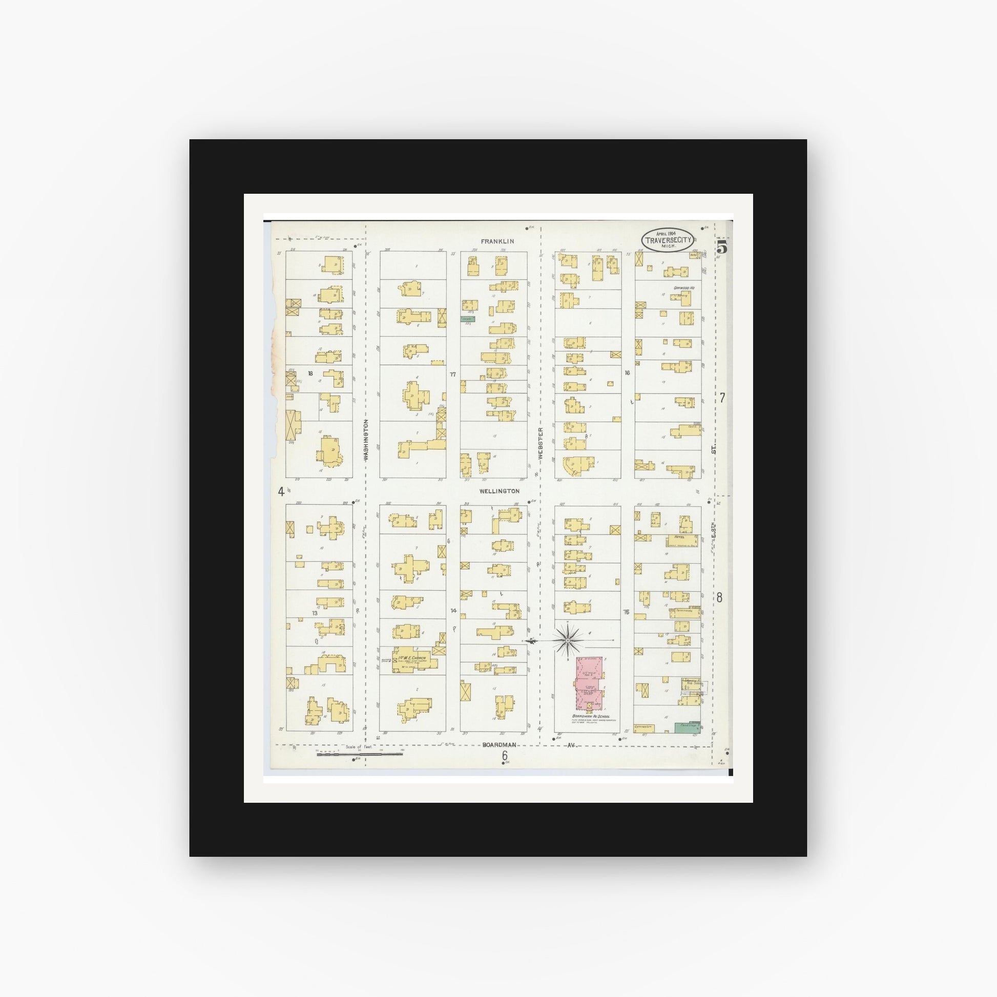 Old map wall art mockup — black gallery frame with white mat — Sanborn Fire Insurance Map from Traverse City, Grand Traverse County, Michigan (1904), Sheet #0005