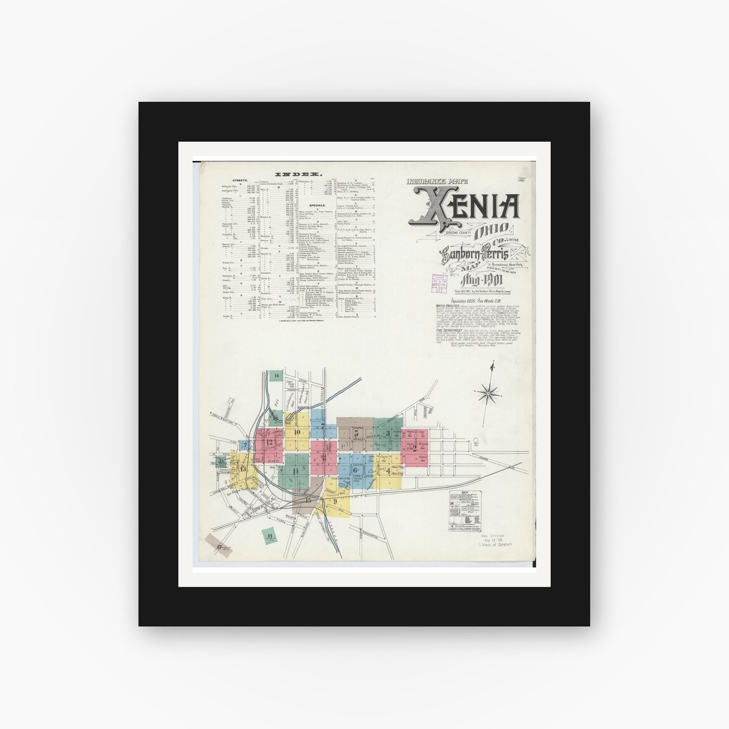 Old map wall art mockup — black gallery frame with white mat — Sanborn Fire Insurance Map from Xenia, Greene County, Ohio (1901), Sheet #0001