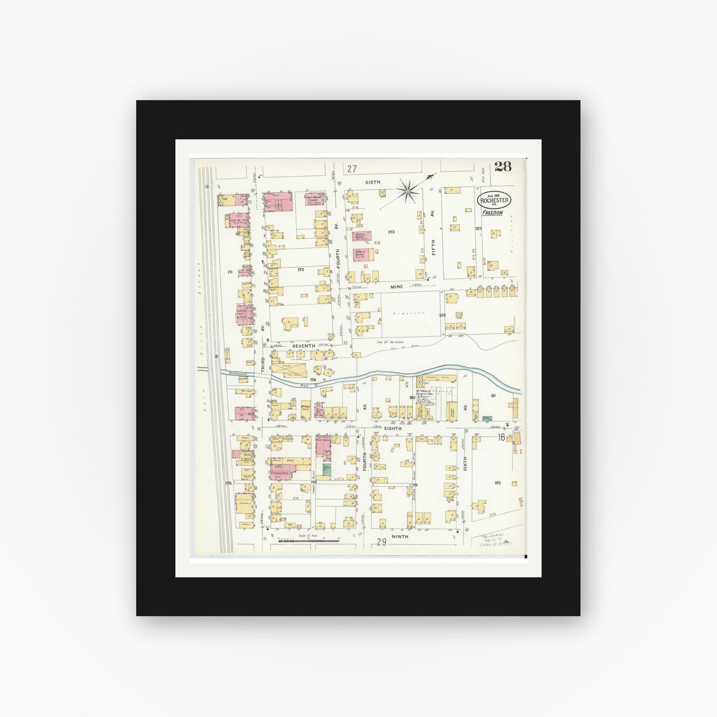 Old map wall art mockup — black gallery frame with white mat — Sanborn Fire Insurance Map from Rochester, Beaver County, Pennsylvania (1908), Sheet #0027