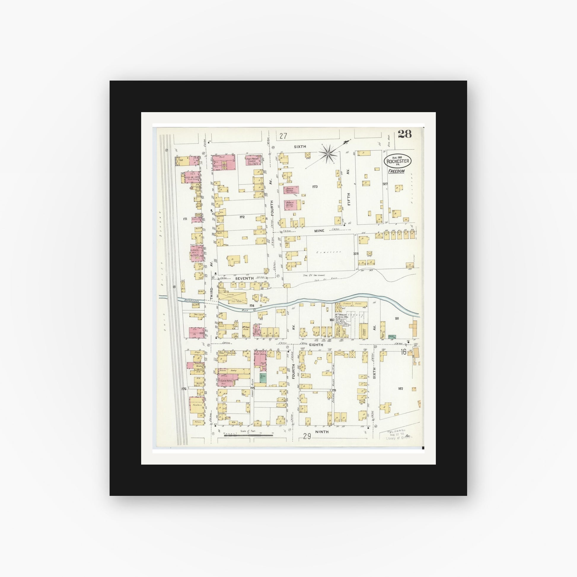 Old map wall art mockup — black gallery frame with white mat — Sanborn Fire Insurance Map from Rochester, Beaver County, Pennsylvania (1908), Sheet #0027