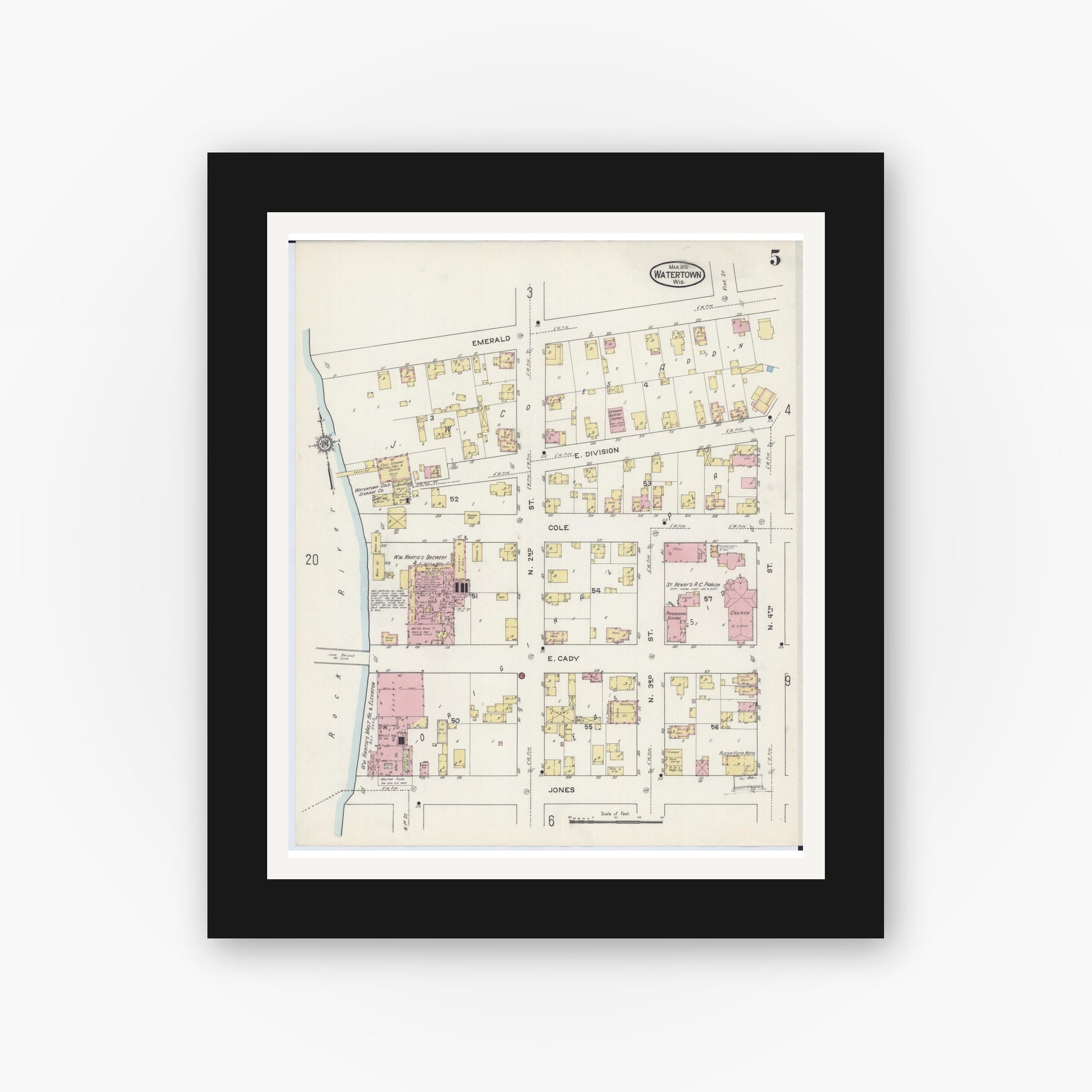 Old map wall art mockup — black gallery frame with white mat — Sanborn Fire Insurance Map from Watertown, Jefferson County, Wisconsin (1915), Sheet #0006