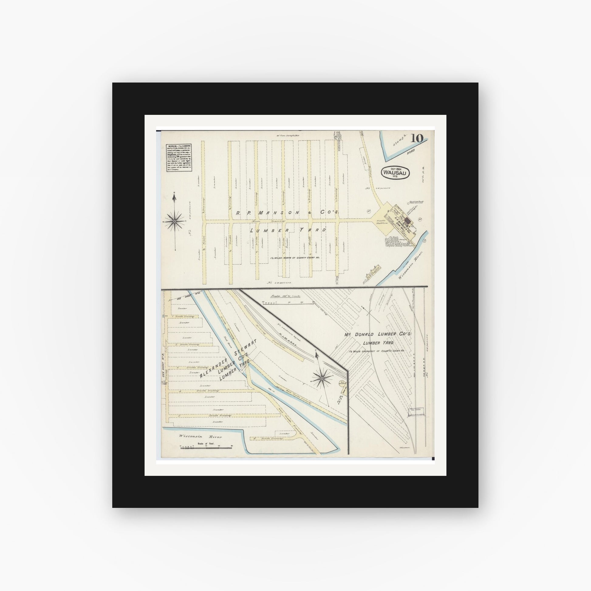 Old map wall art mockup — black gallery frame with white mat — Sanborn Fire Insurance Map from Wausau, Marathon County, Wisconsin (1884), Sheet #0010