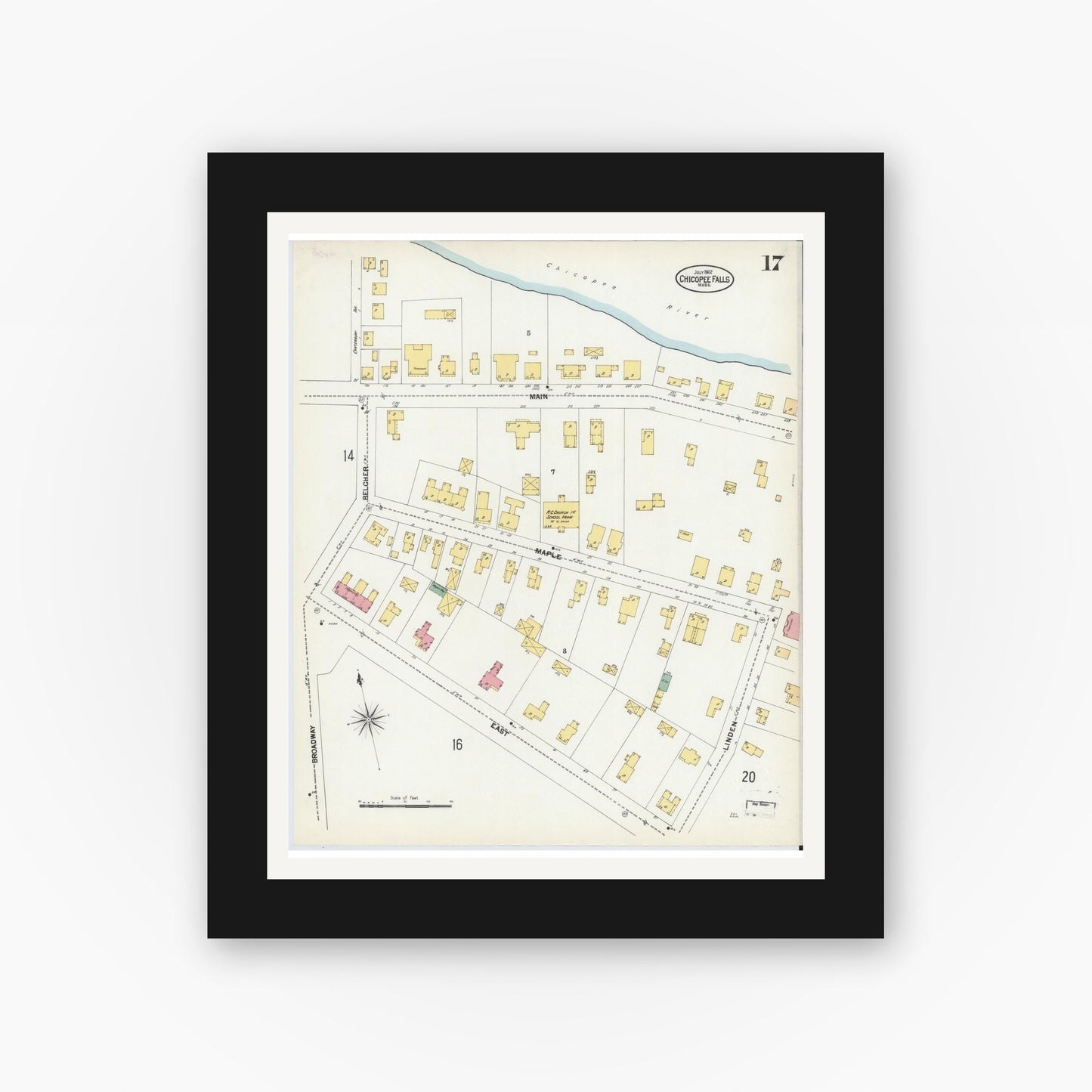 Old map wall art mockup — black gallery frame with white mat — Sanborn Fire Insurance Map from Chicopee, Hampden County, Massachusetts (1902), Sheet #0017