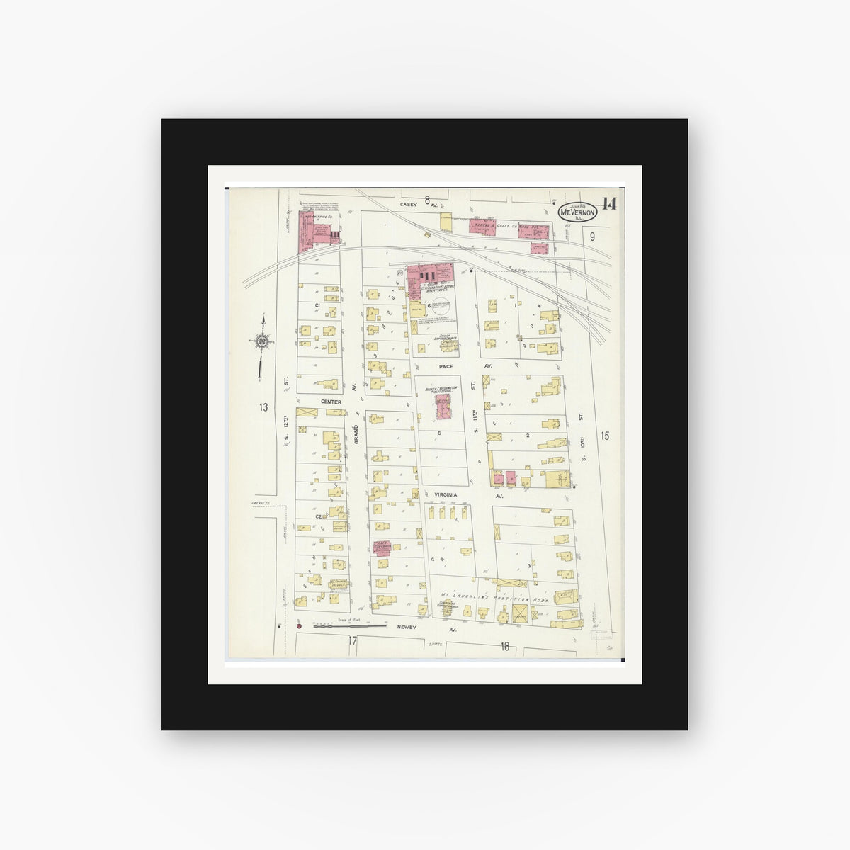 Old map wall art mockup — black gallery frame with white mat — Sanborn Fire Insurance Map from Mount Vernon, Jefferson County, Illinois (1913), Sheet #0014