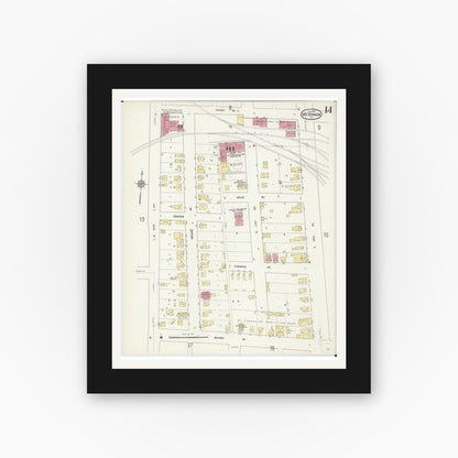 Old map wall art mockup — black gallery frame with white mat — Sanborn Fire Insurance Map from Mount Vernon, Jefferson County, Illinois (1913), Sheet #0014
