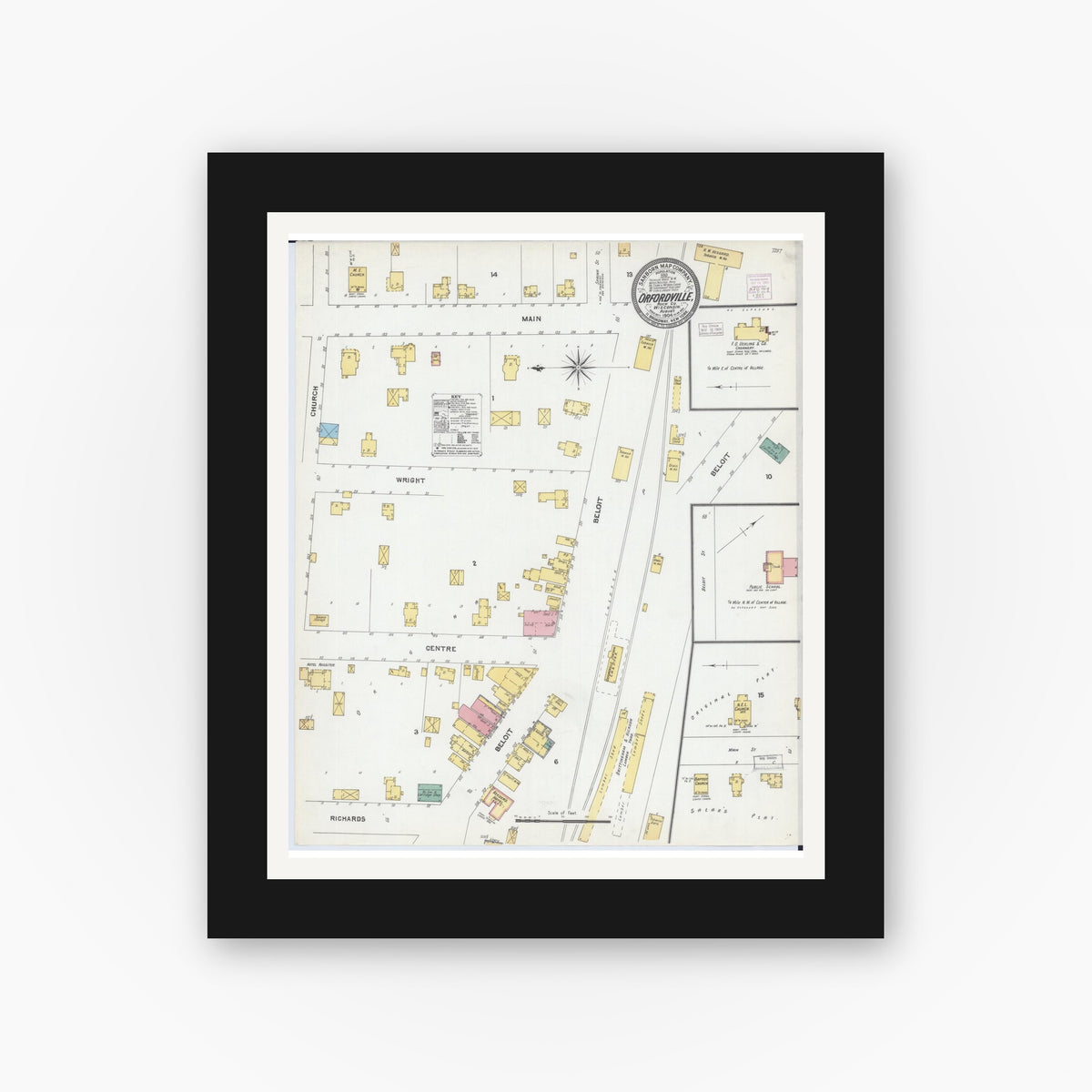 Old map wall art mockup — black gallery frame with white mat — Sanborn Fire Insurance Map from Orfordville, Rock County, Wisconsin (1904), Sheet #0001