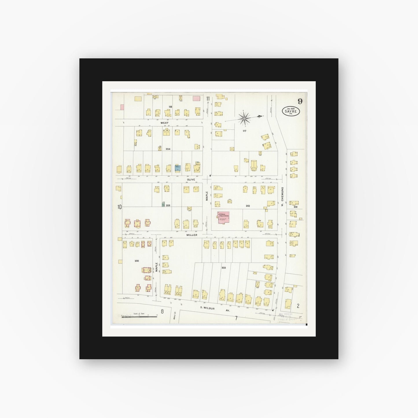 Old map wall art mockup — black gallery frame with white mat — Sanborn Fire Insurance Map from Sayre, Bradford County, Pennsylvania (1909), Sheet #0009