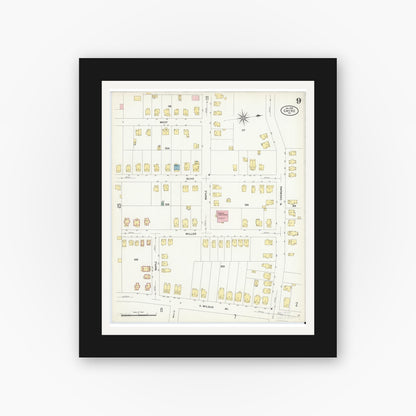 Old map wall art mockup — black gallery frame with white mat — Sanborn Fire Insurance Map from Sayre, Bradford County, Pennsylvania (1909), Sheet #0009