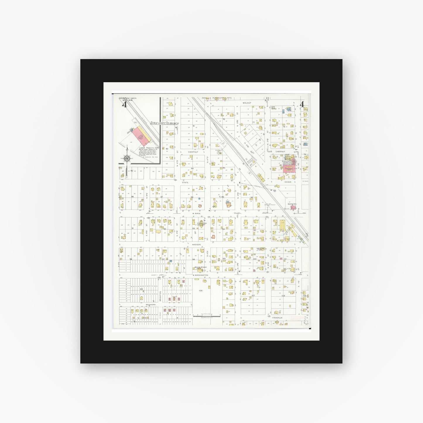 Old map wall art mockup — black gallery frame with white mat — Sanborn Fire Insurance Map from Brighton, Livington County, Michigan (1938), Sheet #0004