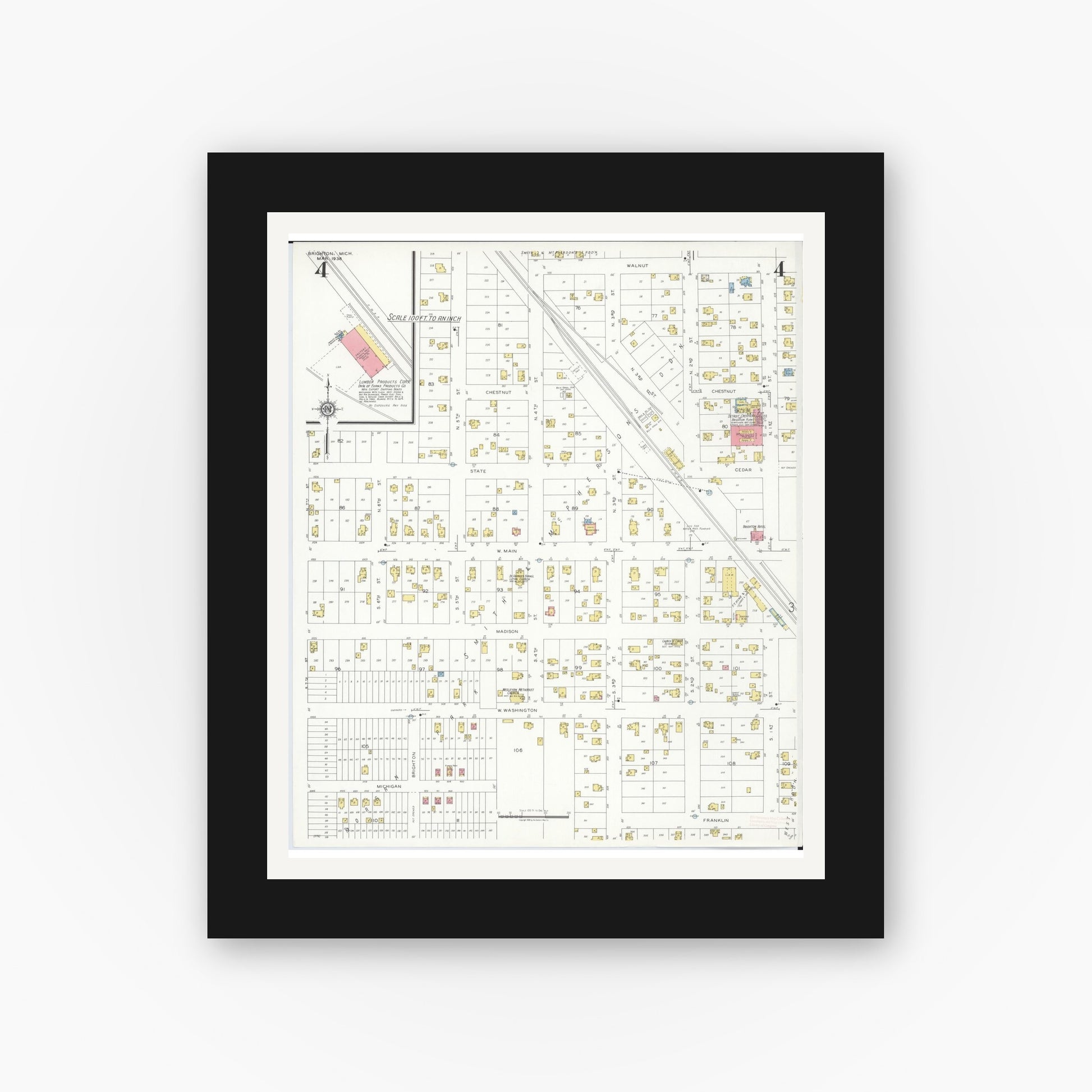 Old map wall art mockup — black gallery frame with white mat — Sanborn Fire Insurance Map from Brighton, Livington County, Michigan (1938), Sheet #0004
