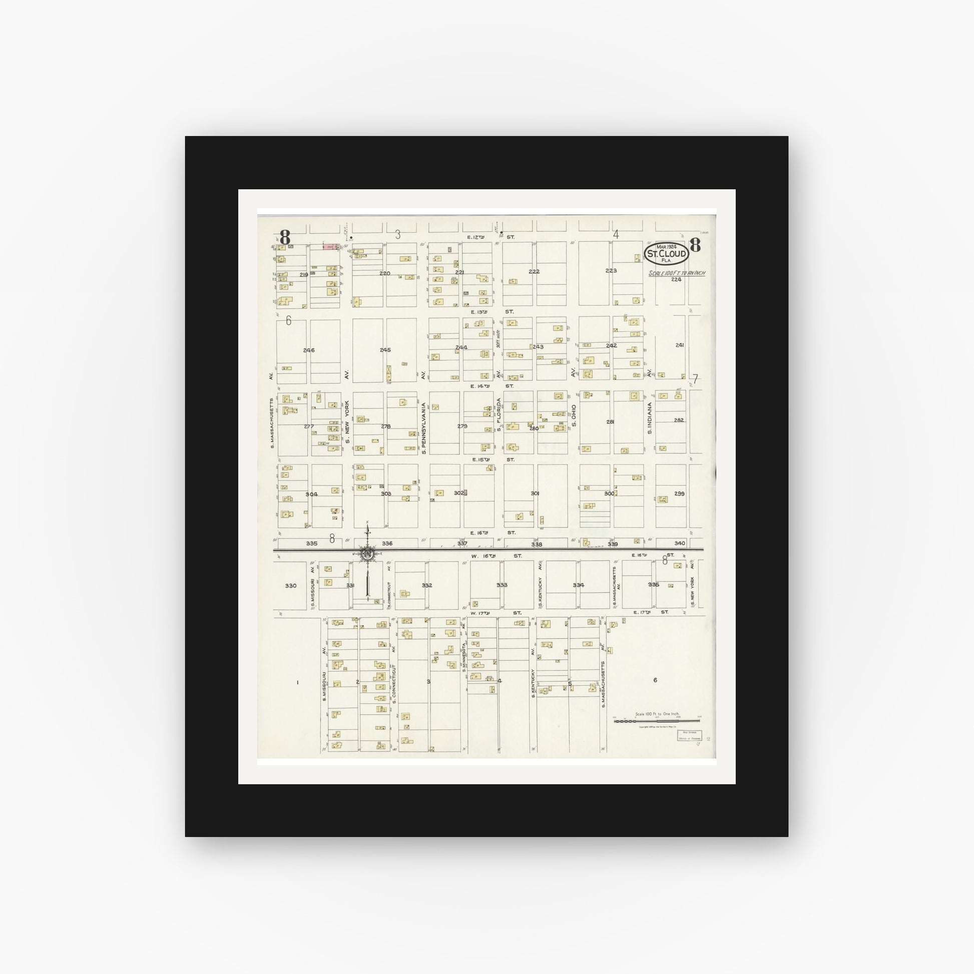 Old map wall art mockup — black gallery frame with white mat — Sanborn Fire Insurance Map from Saint Cloud, Osceola County, Florida (1924), Sheet #0008
