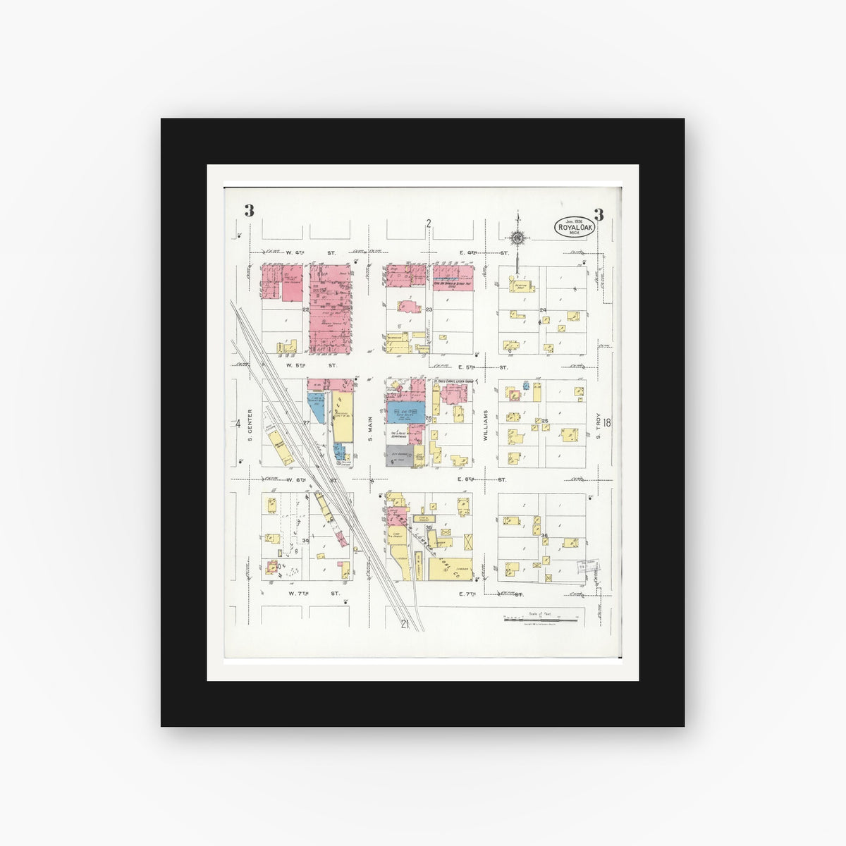 Old map wall art mockup — black gallery frame with white mat — Sanborn Fire Insurance Map from Royal Oak, Oakland County, Michigan (1926), Sheet #0003