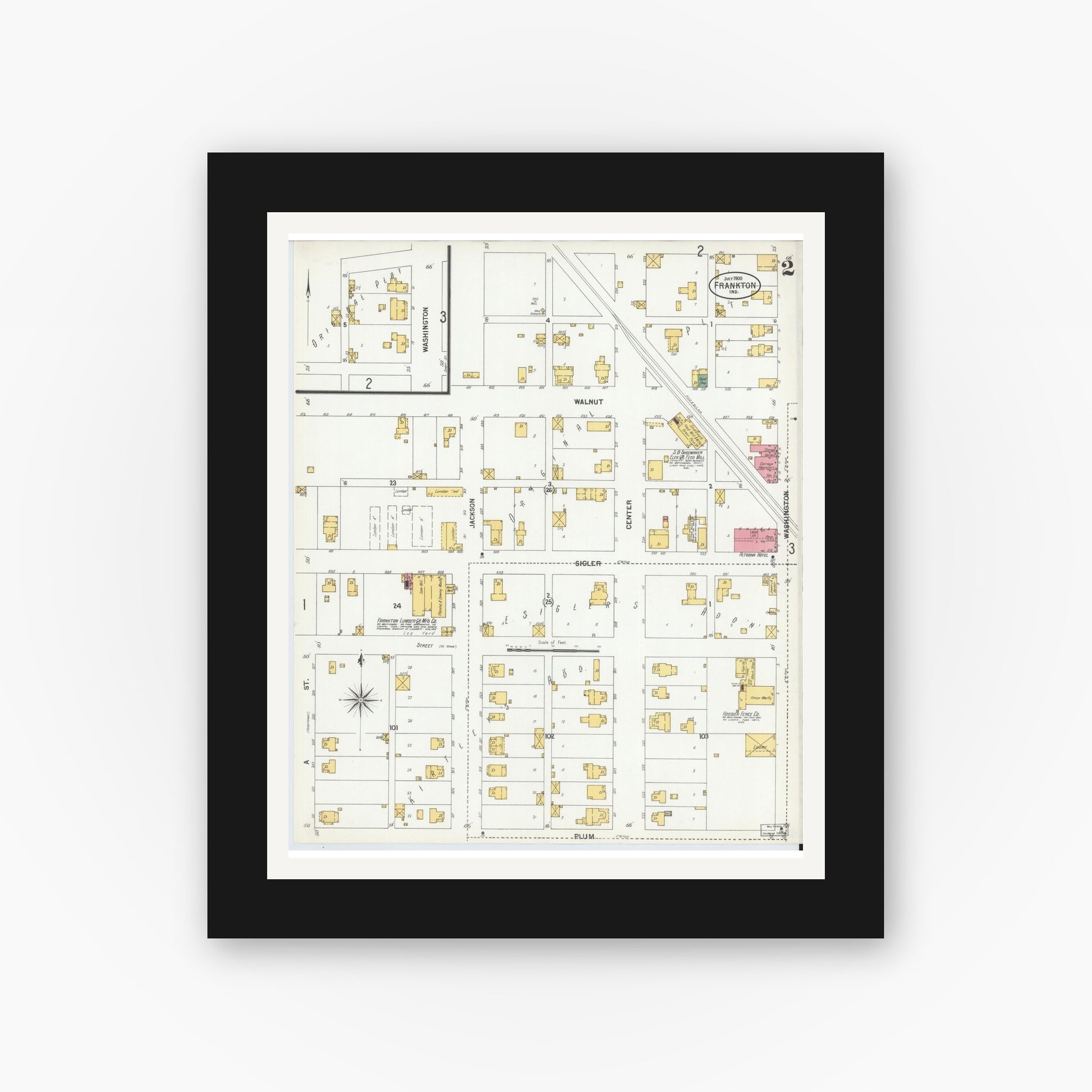 Old map wall art mockup — black gallery frame with white mat — Sanborn Fire Insurance Map from Frankton, Madison County, Indiana (1900), Sheet #0002