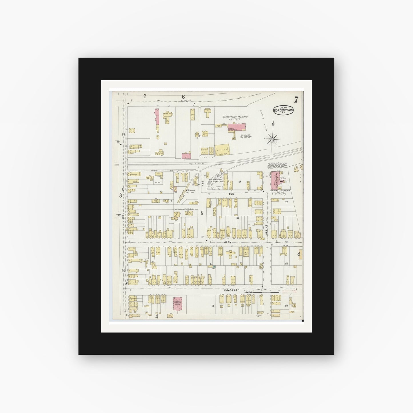 Old map wall art mockup — black gallery frame with white mat — Sanborn Fire Insurance Map from Bordentown, Burlington County, New Jersey (1897), Sheet #0007