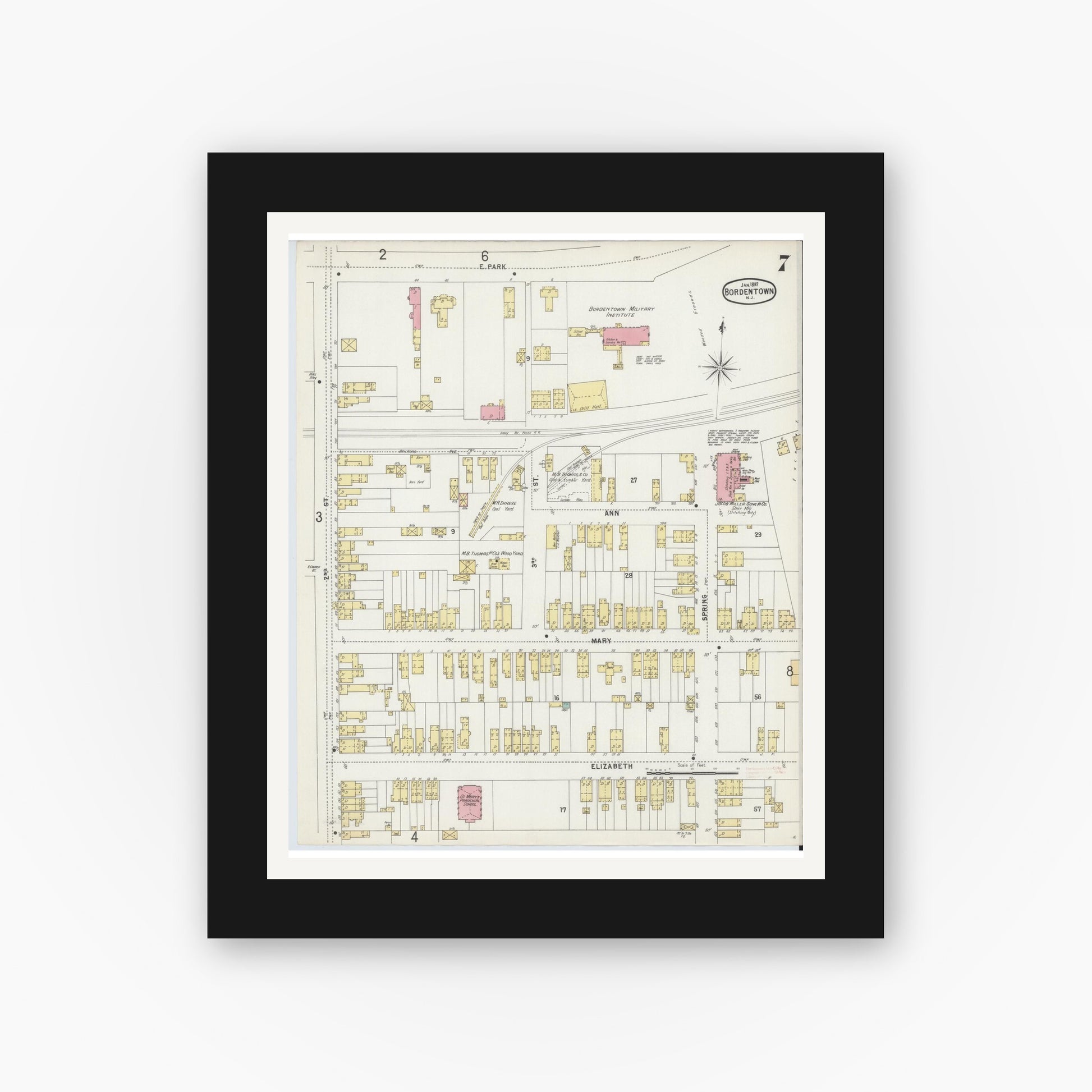 Old map wall art mockup — black gallery frame with white mat — Sanborn Fire Insurance Map from Bordentown, Burlington County, New Jersey (1897), Sheet #0007