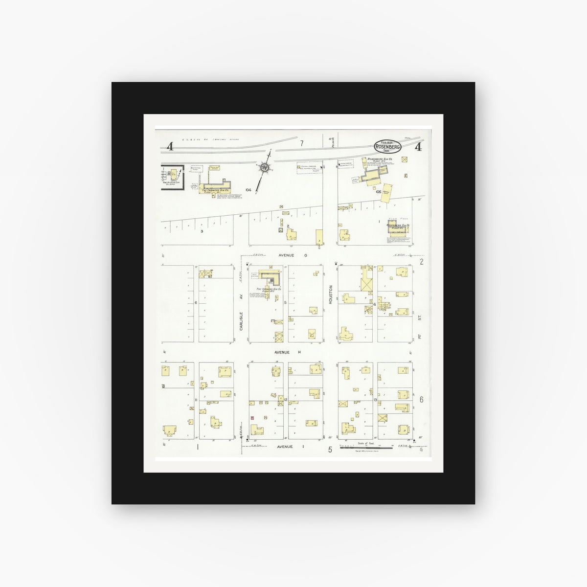Old map wall art mockup — black gallery frame with white mat — Sanborn Fire Insurance Map from Rosenberg, Fort Bend County, Texas (1926), Sheet #0004