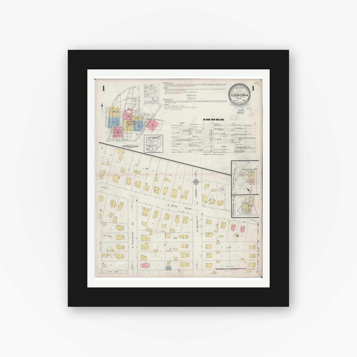 Old map wall art mockup — black gallery frame with white mat — Sanborn Fire Insurance Map from Osborn, Greene County, Ohio (1929) - Complete Map Set