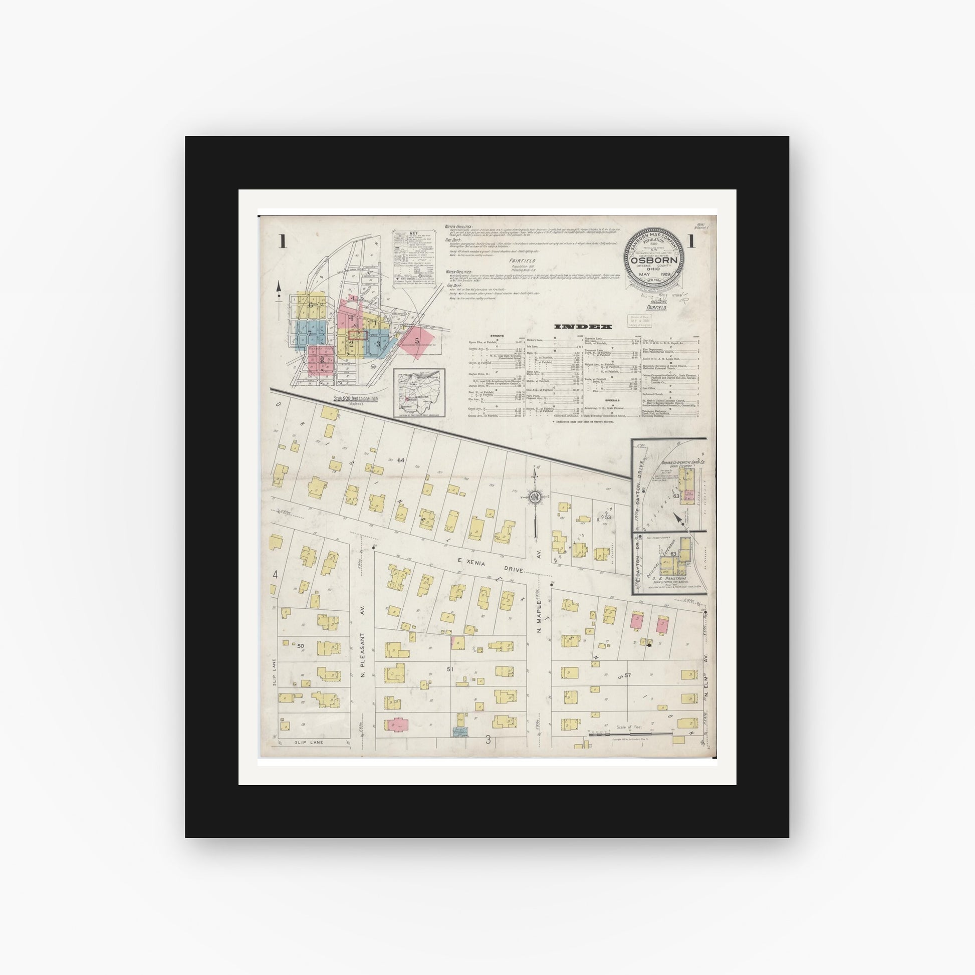Old map wall art mockup — black gallery frame with white mat — Sanborn Fire Insurance Map from Osborn, Greene County, Ohio (1929) - Complete Map Set