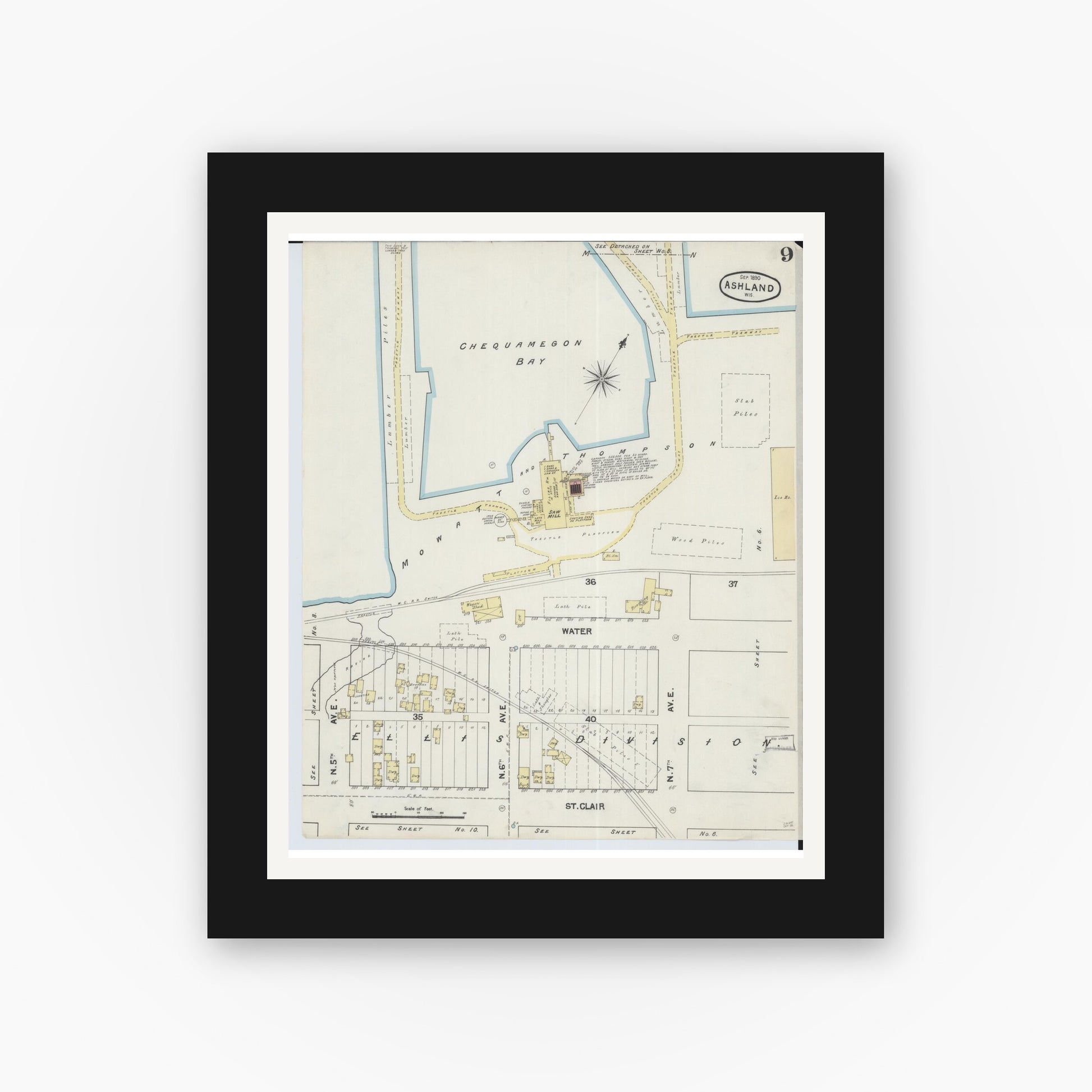 Old map wall art mockup — black gallery frame with white mat — Sanborn Fire Insurance Map from Ashland, Ashland County, Wisconsin (1890), Sheet #0009