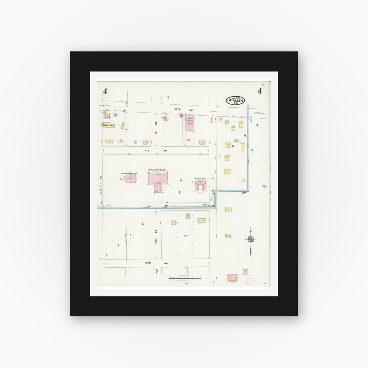 Old map wall art mockup — black gallery frame with white mat — Sanborn Fire Insurance Map from McAllen, Hidalgo County, Texas (1925), Sheet #0004