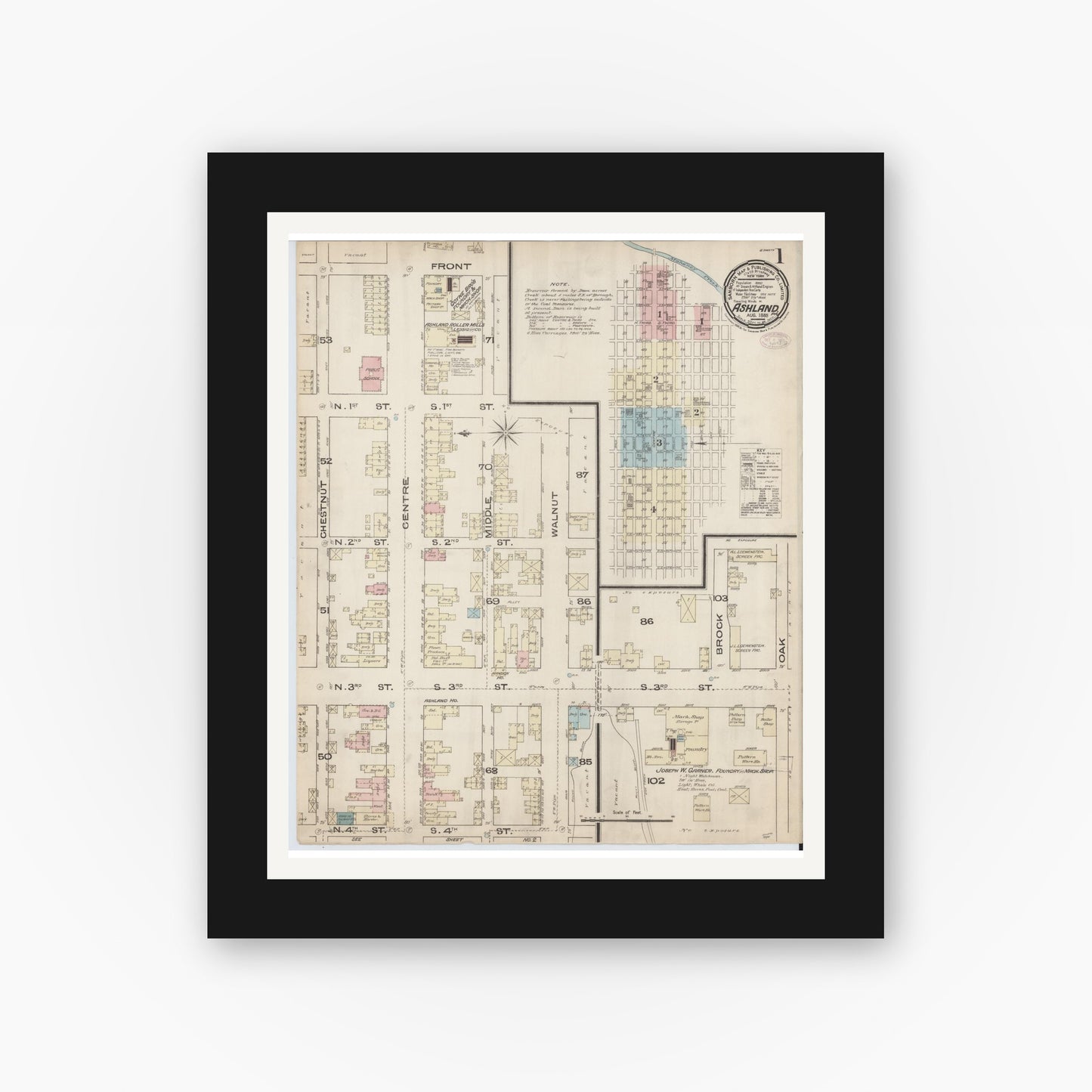 Old map wall art mockup — black gallery frame with white mat — Sanborn Fire Insurance Map from Ashland, Schuylkill County, Pennsylvania (1885), Sheet #0001