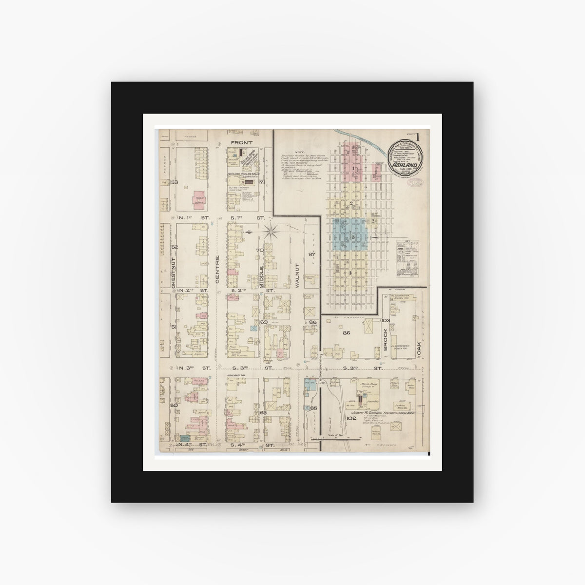 Old map wall art mockup — black gallery frame with white mat — Sanborn Fire Insurance Map from Ashland, Schuylkill County, Pennsylvania (1885), Sheet #0001