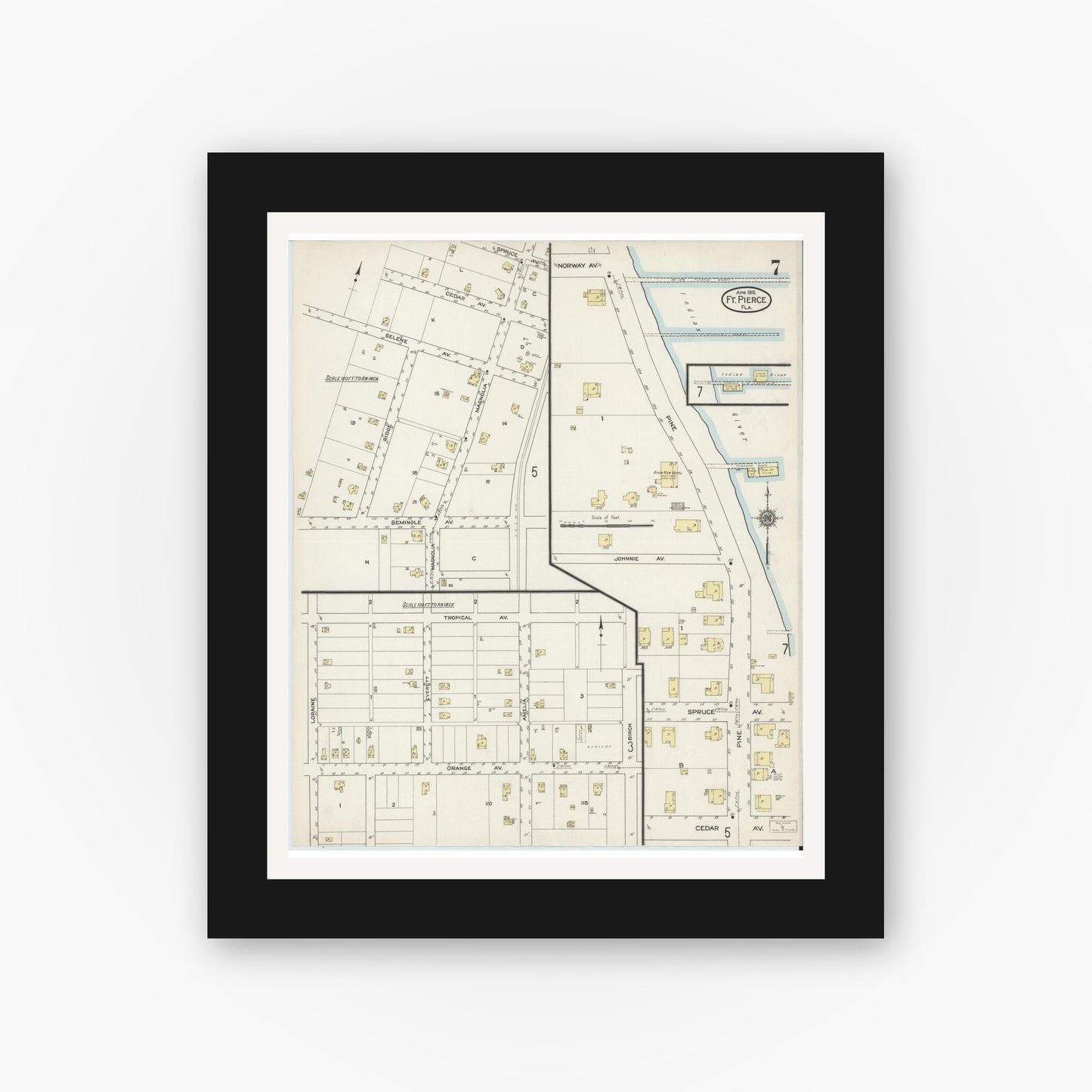 Old map wall art mockup — black gallery frame with white mat — Sanborn Fire Insurance Map from Fort Pierce, St Lucie County, Florida (1915), Sheet #0007