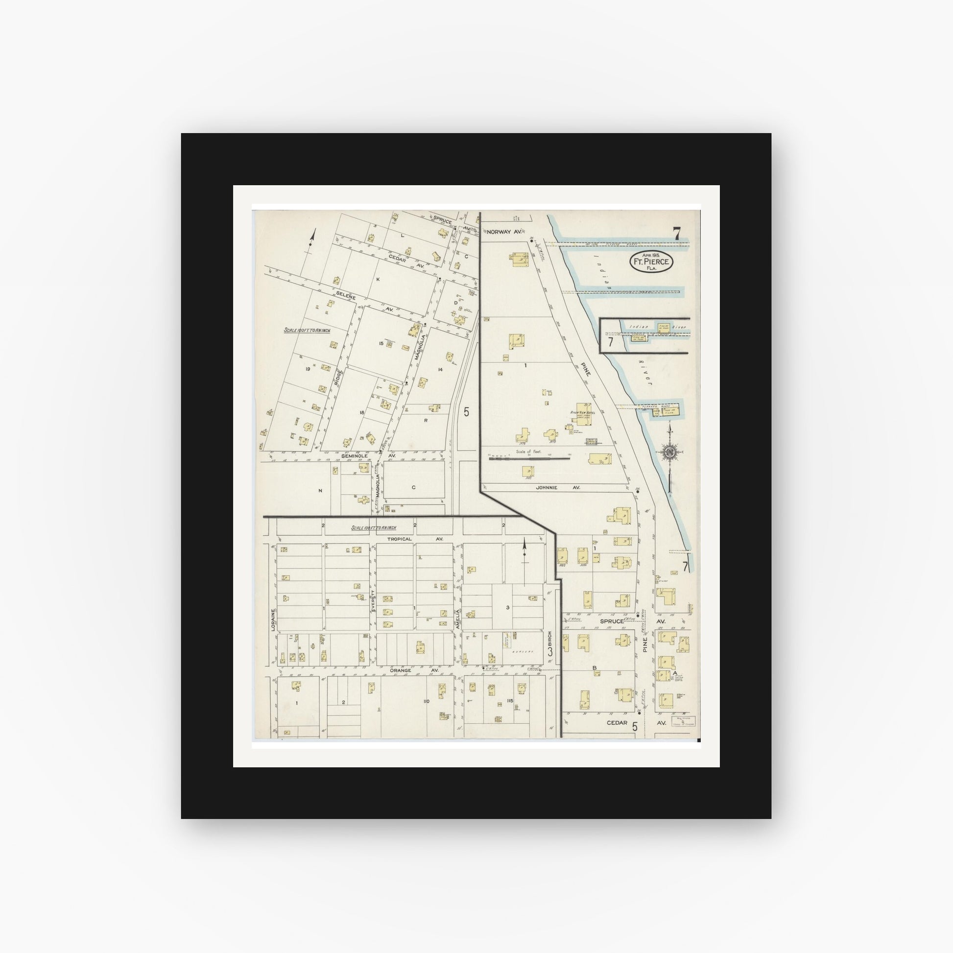 Old map wall art mockup — black gallery frame with white mat — Sanborn Fire Insurance Map from Fort Pierce, St Lucie County, Florida (1915), Sheet #0007