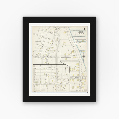 Old map wall art mockup — black gallery frame with white mat — Sanborn Fire Insurance Map from Fort Pierce, St Lucie County, Florida (1915), Sheet #0007