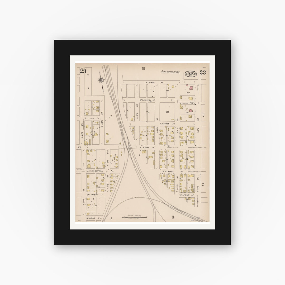 Old map wall art mockup — black gallery frame with white mat — Sanborn Fire Insurance Map from Temple, Bell County, Texas (1922), Sheet #0023
