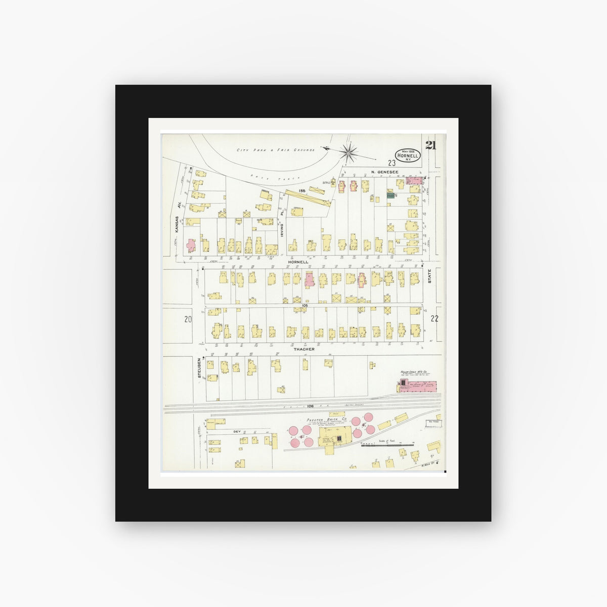 Old map wall art mockup — black gallery frame with white mat — Sanborn Fire Insurance Map from Hornell, Steuben County, New York (1909), Sheet #0021