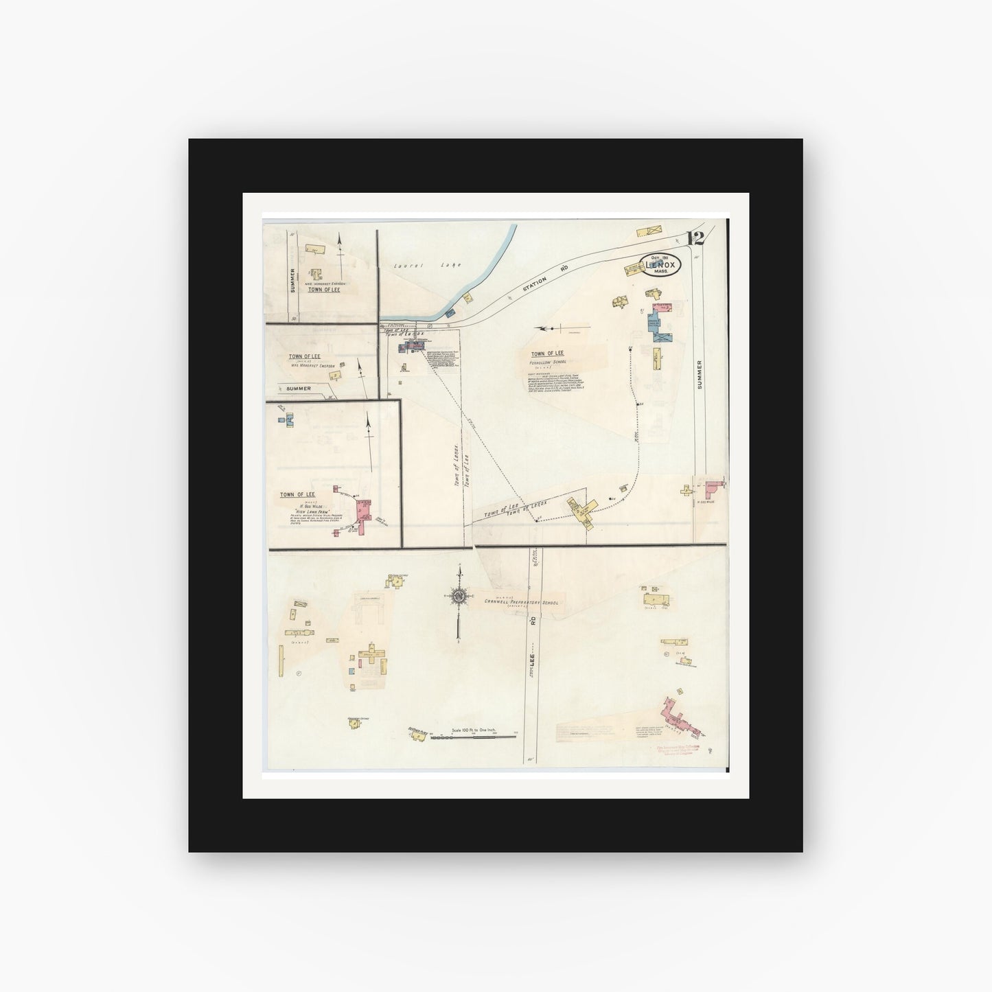 Old map wall art mockup — black gallery frame with white mat — Sanborn Fire Insurance Map from Lenox, Berkshire County, Massachusetts (1939), Sheet #0012