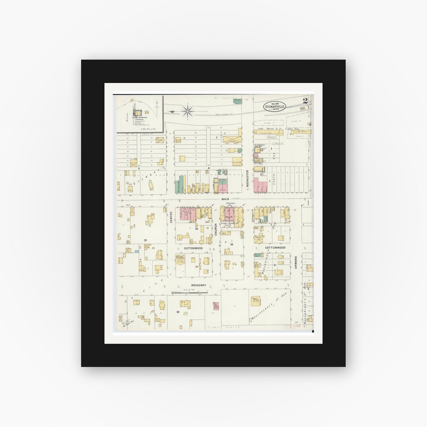 Old map wall art mockup — black gallery frame with white mat — Sanborn Fire Insurance Map from Stewartville, Olmsted County, Minnesota (1899), Sheet #0002