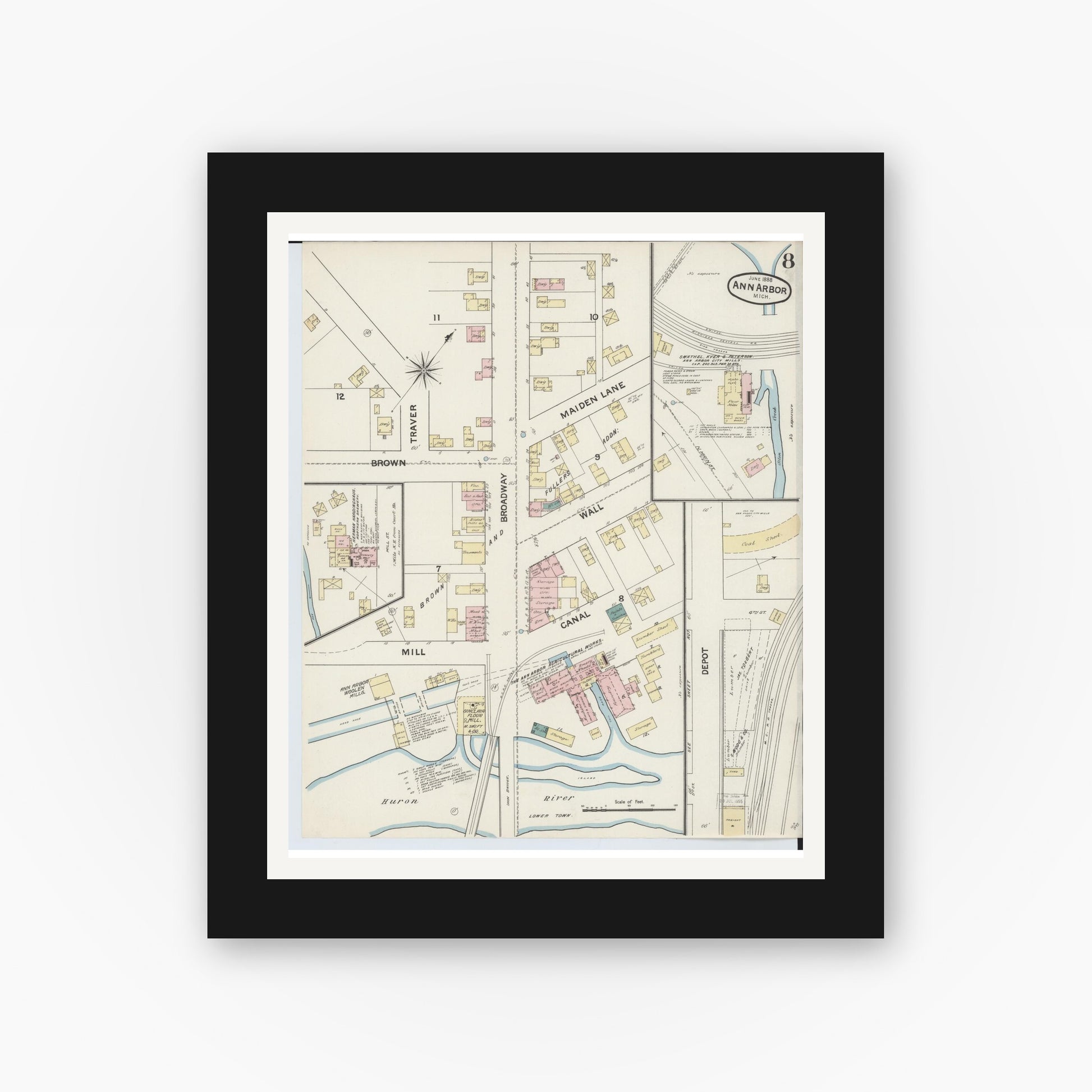 Old map wall art mockup — black gallery frame with white mat — Sanborn Fire Insurance Map from Ann Arbor, Washtenaw County, Michigan (1888), Sheet #0008
