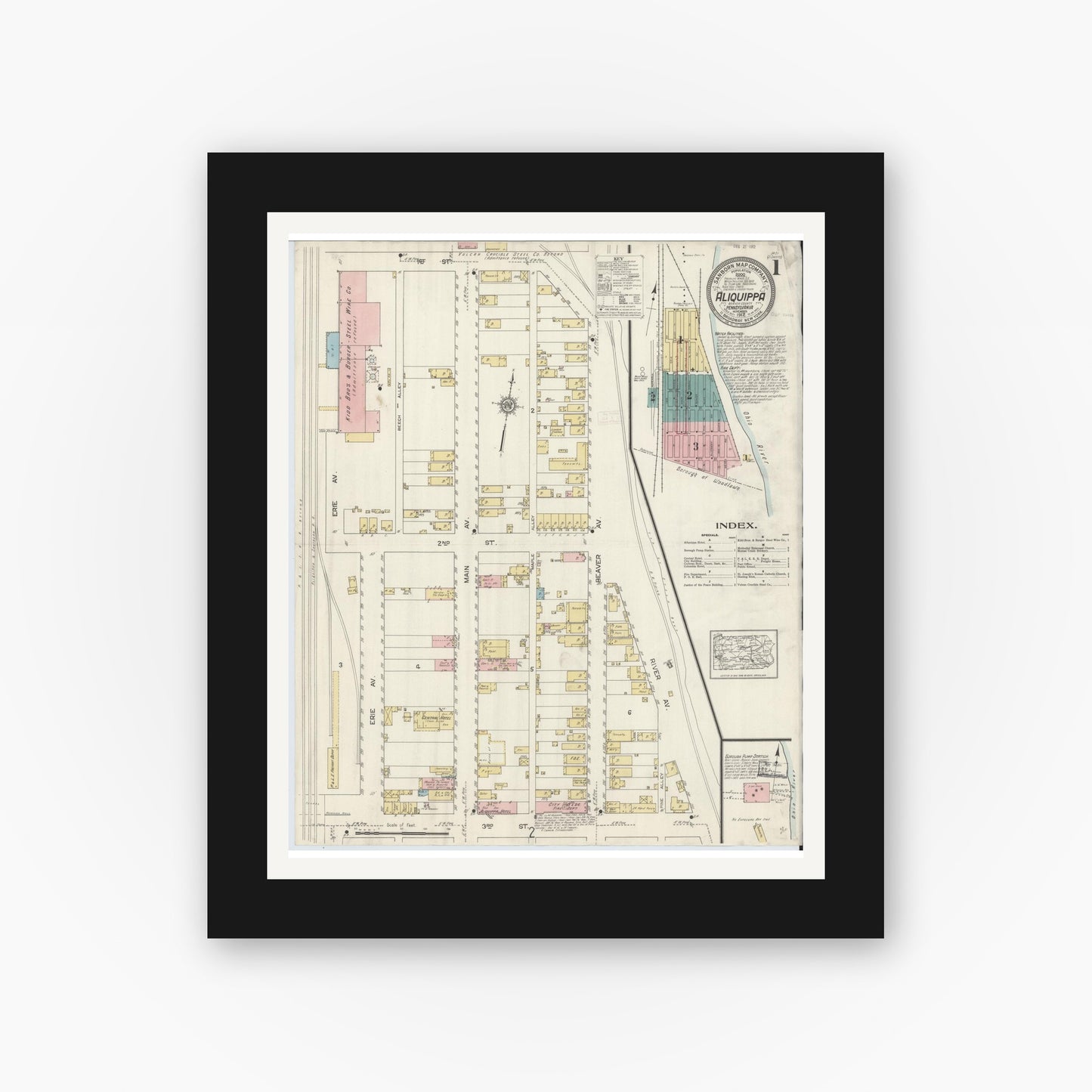 Old map wall art mockup — black gallery frame with white mat — Sanborn Fire Insurance Map from Aliquippa, Beaver County, Pennsylvania (1912), Sheet #0001