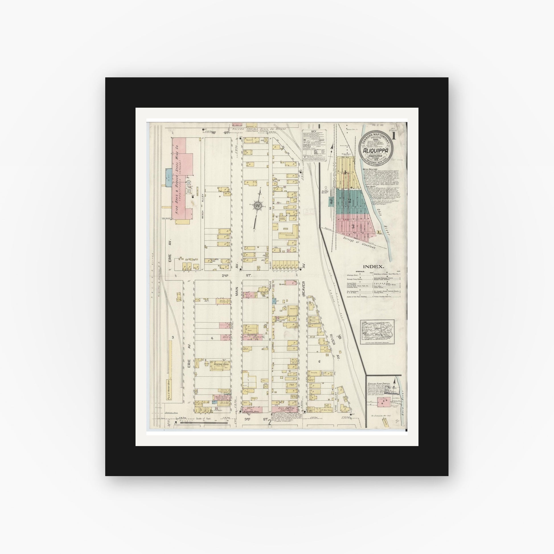 Old map wall art mockup — black gallery frame with white mat — Sanborn Fire Insurance Map from Aliquippa, Beaver County, Pennsylvania (1912), Sheet #0001