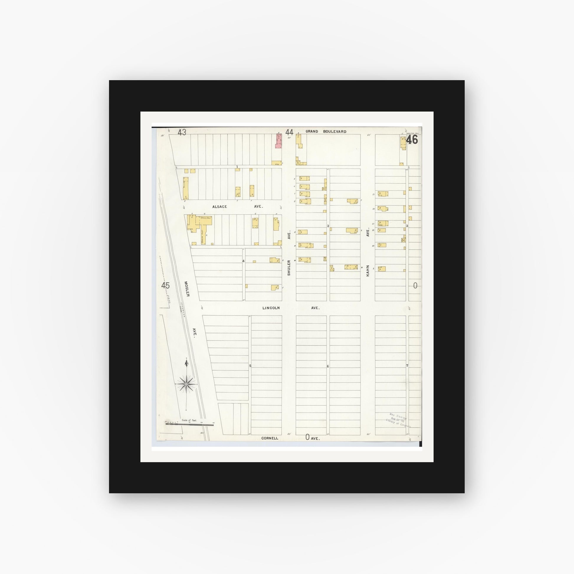 Old map wall art mockup — black gallery frame with white mat — Sanborn Fire Insurance Map from Hamilton, Butler County, Ohio (1899), Sheet #0046