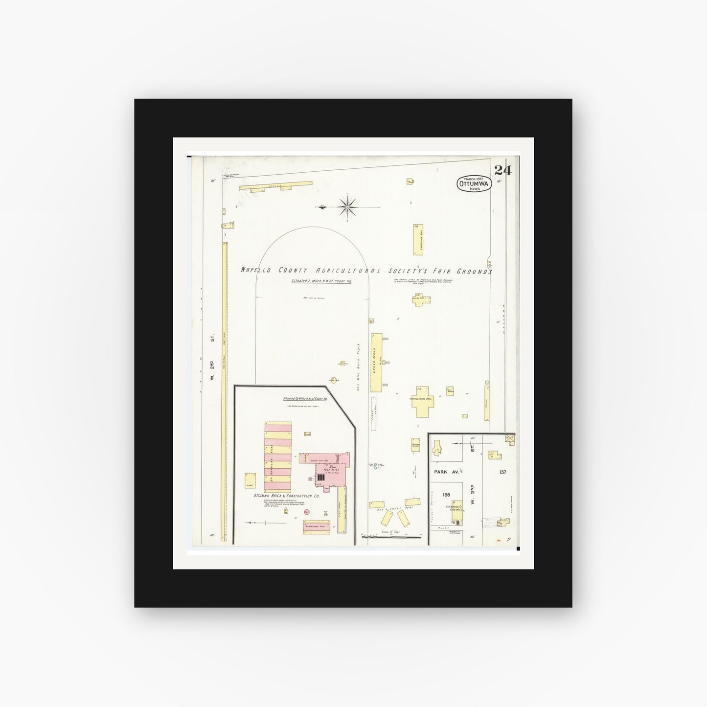 Old map wall art mockup — black gallery frame with white mat — Sanborn Fire Insurance Map from Ottumwa, Wapello County, Iowa (1897), Sheet #0024