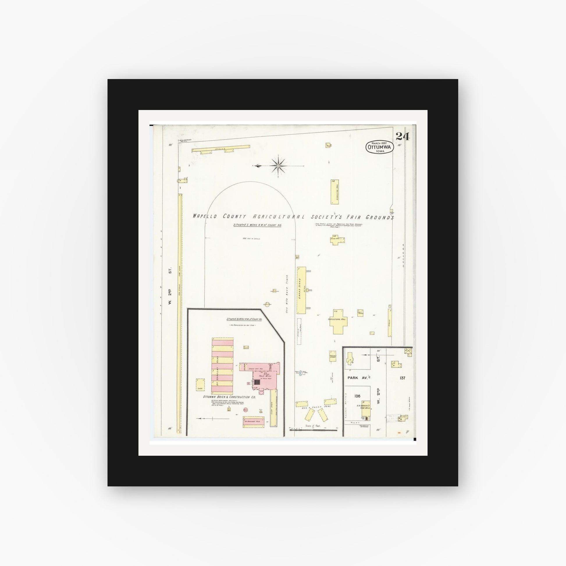 Old map wall art mockup — black gallery frame with white mat — Sanborn Fire Insurance Map from Ottumwa, Wapello County, Iowa (1897), Sheet #0024