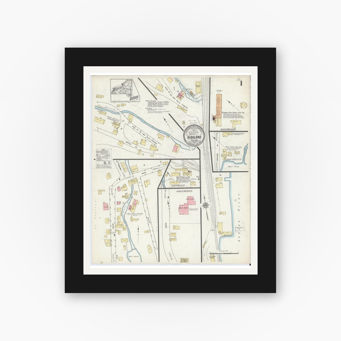 Old map wall art mockup — black gallery frame with white mat — Sanborn Fire Insurance Map from Highland, Ulster County, New York (1912) - Complete Map Set