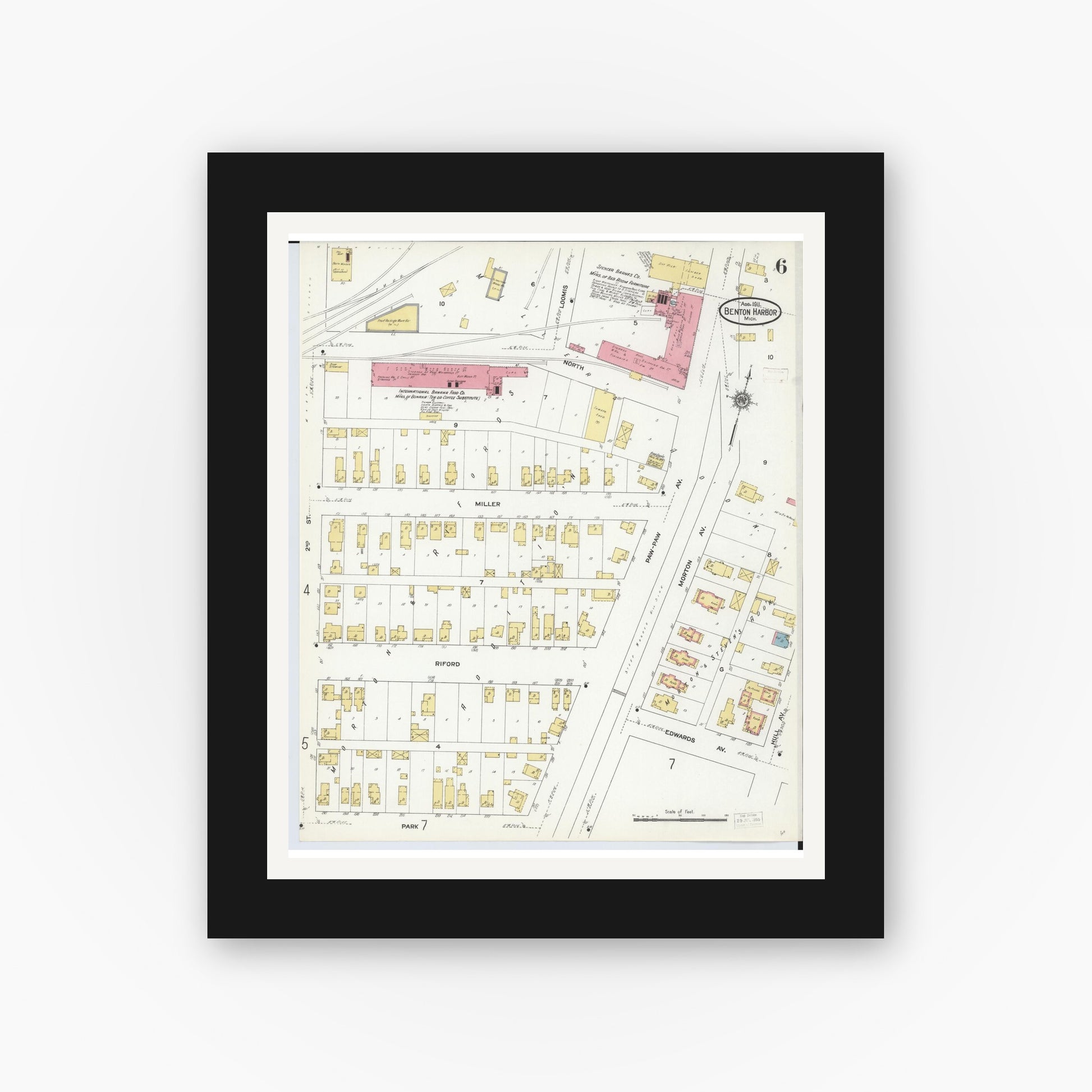 Old map wall art mockup — black gallery frame with white mat — Sanborn Fire Insurance Map from Benton Harbor, Berrien County, Michigan (1911), Sheet #0006