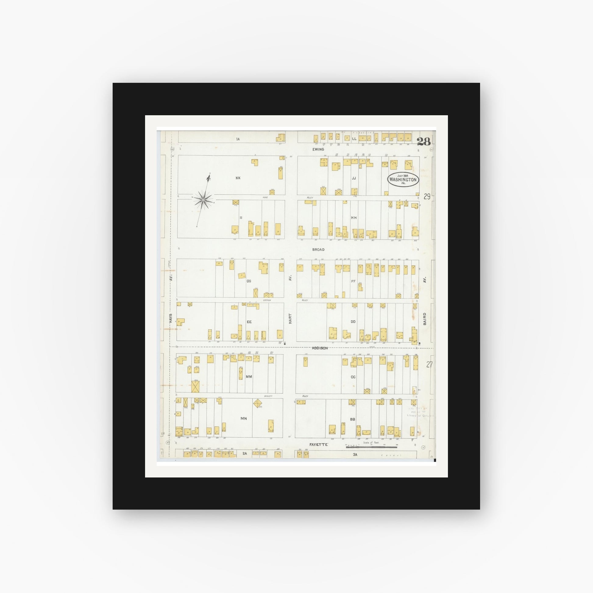 Old map wall art mockup — black gallery frame with white mat — Sanborn Fire Insurance Map from Washington, Washington County, Pennsylvania (1904), Sheet #0028