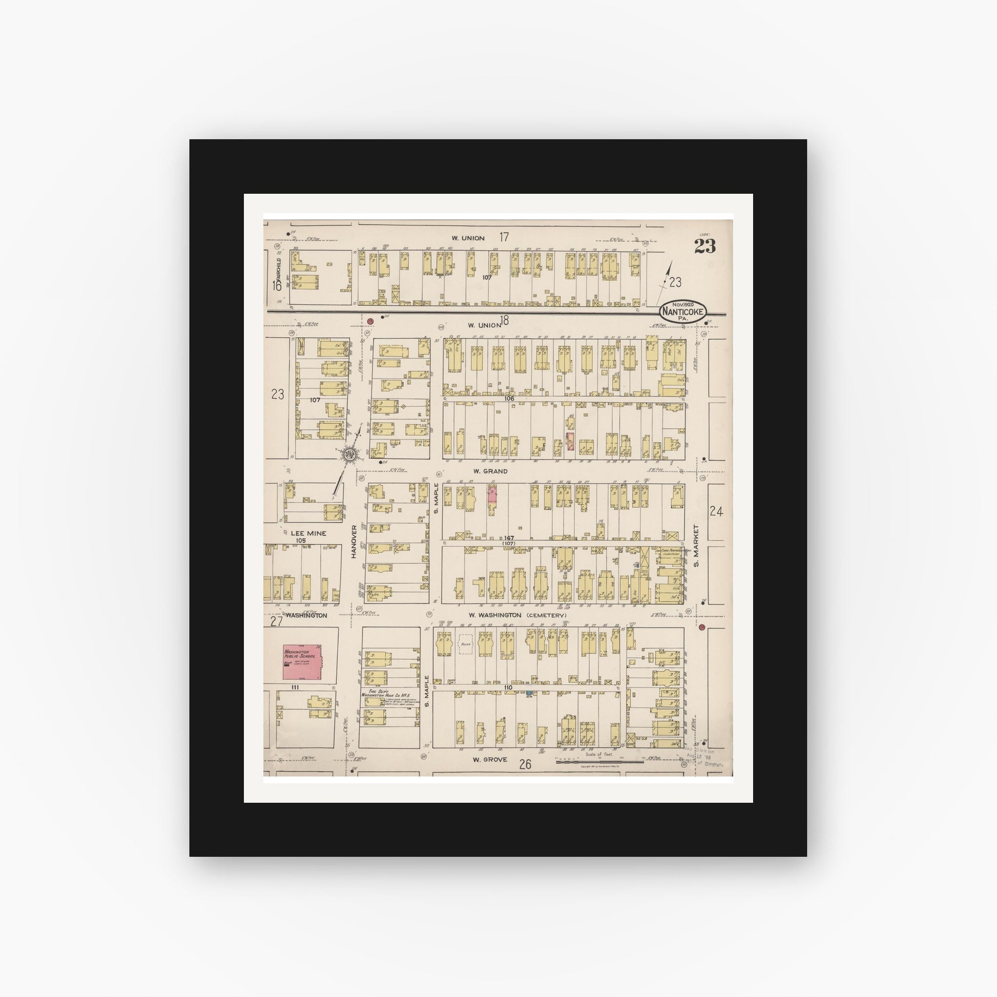 Old map wall art mockup — black gallery frame with white mat — Sanborn Fire Insurance Map from Nanticoke, Luzerne County, Pennsylvania (1920), Sheet #0023