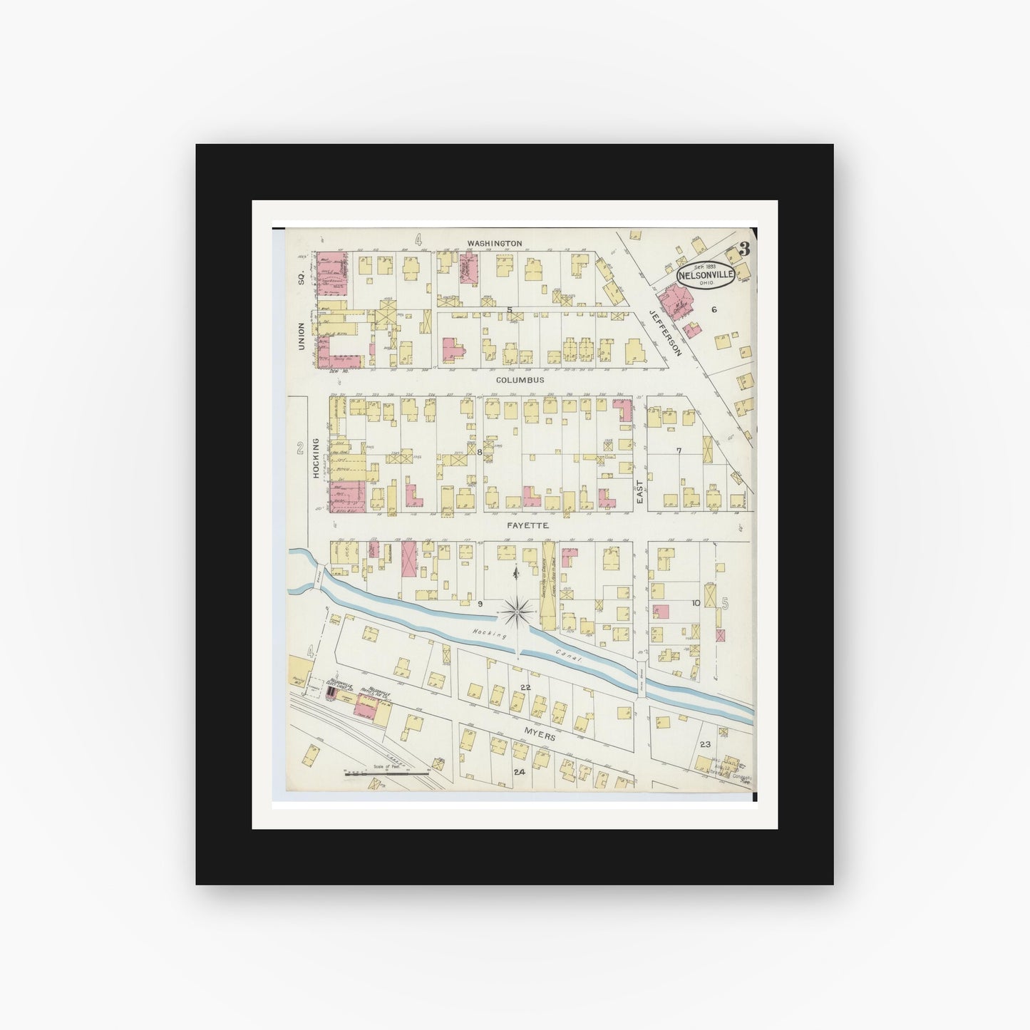 Old map wall art mockup — black gallery frame with white mat — Sanborn Fire Insurance Map from Nelsonville, Athens County, Ohio (1893), Sheet #0003
