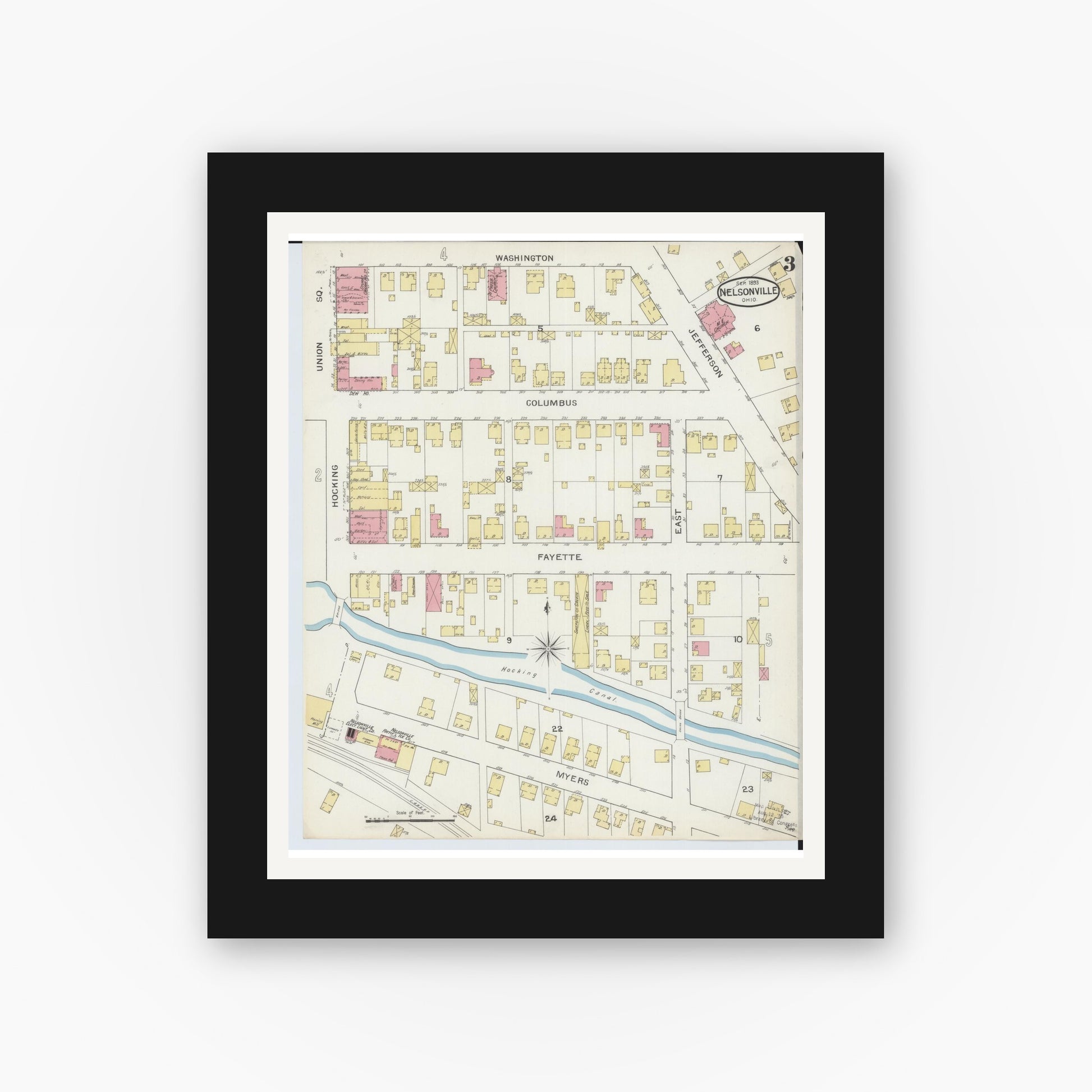 Old map wall art mockup — black gallery frame with white mat — Sanborn Fire Insurance Map from Nelsonville, Athens County, Ohio (1893), Sheet #0003