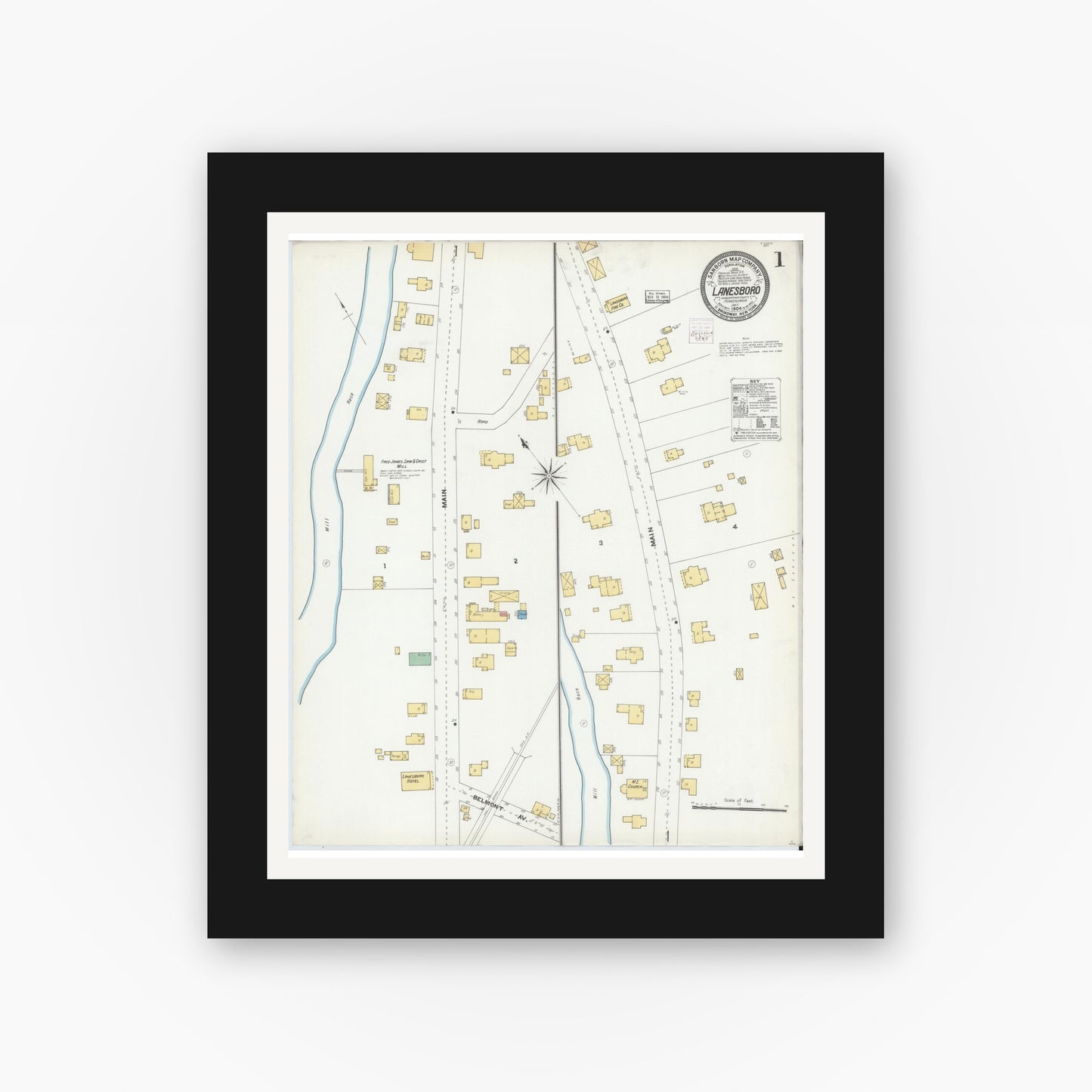 Old map wall art mockup — black gallery frame with white mat — Sanborn Fire Insurance Map from Lanesboro, Susquehanna County, Pennsylvania (1904) - Complete Map Set